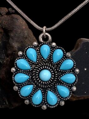Robert Rose Faux Turquoise Pendant Necklace Antique Silver Tone Southwestern